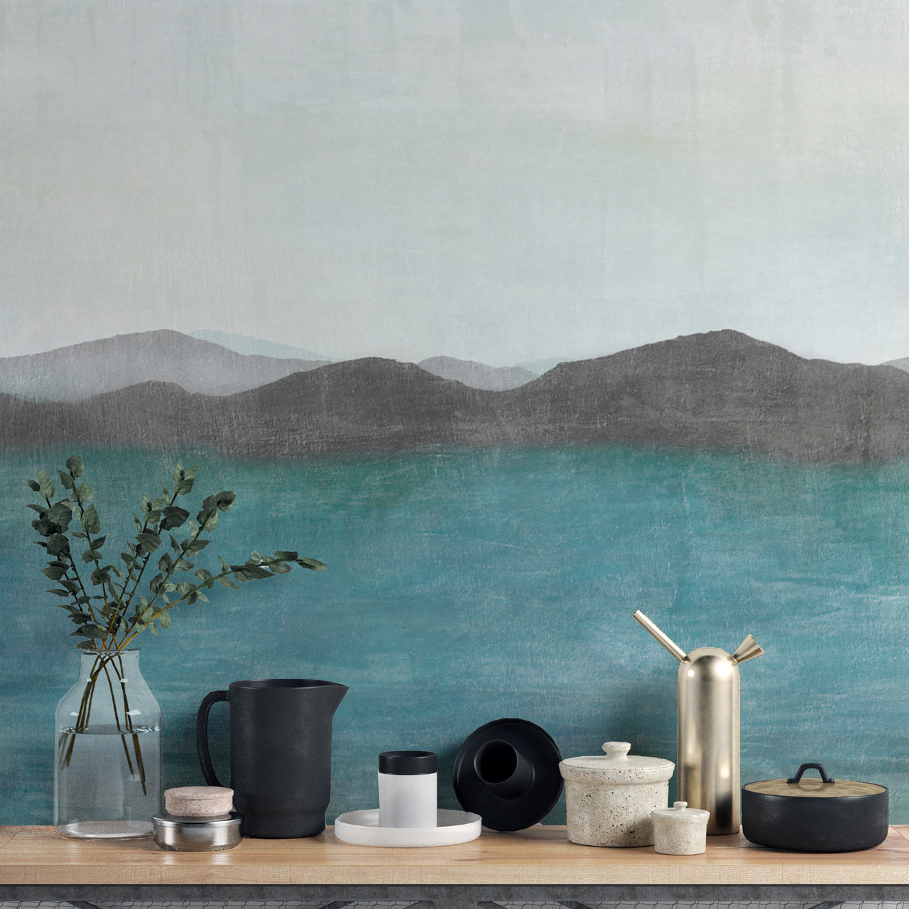 Blue watercolor mural depicting misty mountains on a bedroom wall.