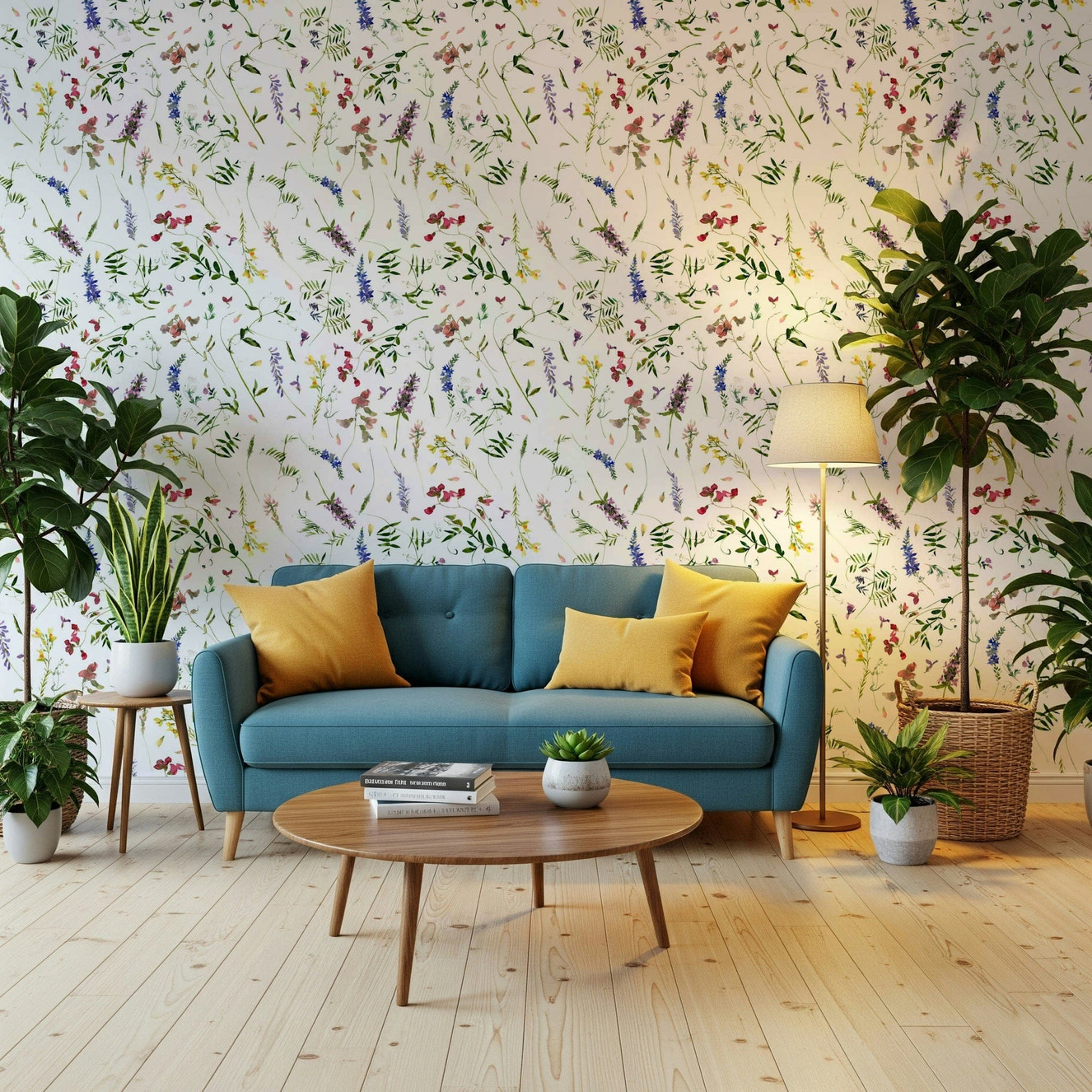 Large watercolor wildflower meadow wall mural in a bright living space.